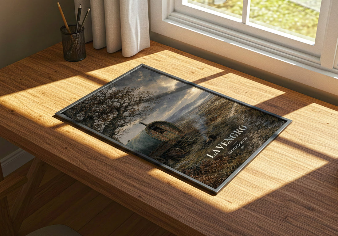 Lavengro watercolour book poster framed on wall – adventure wall art