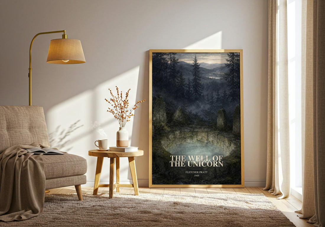 The Well Of The Unicorn watercolour print in frame leaning in hallway – fantasy wall art