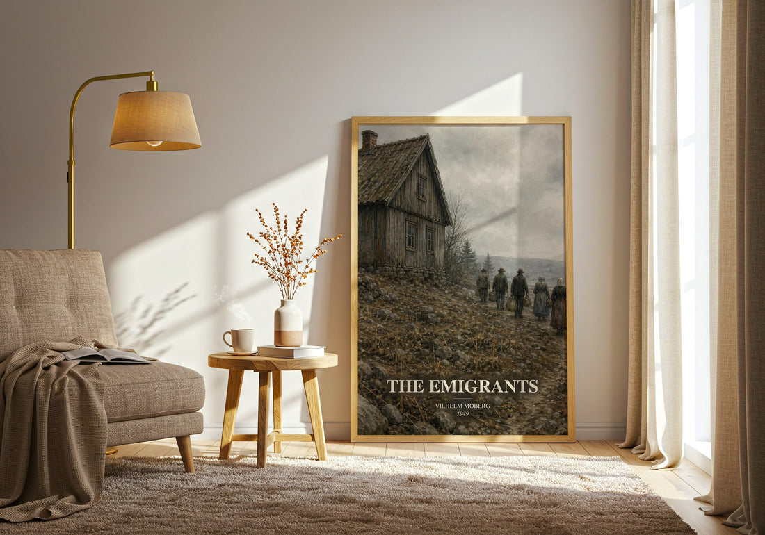 The Emigrants watercolour print in frame leaning in hallway – historical fiction wall art