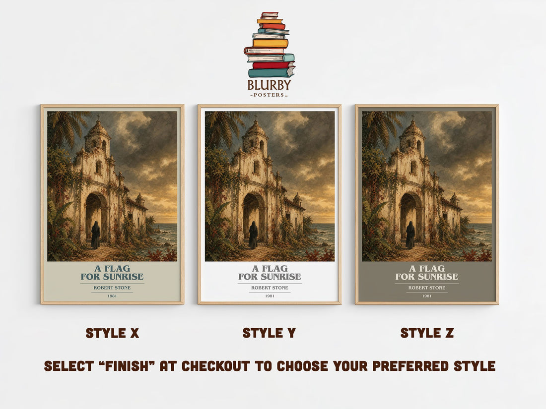 A Flag For Sunrise book cover print in frame leaning in hallway – literary fiction wall art (mockup)
