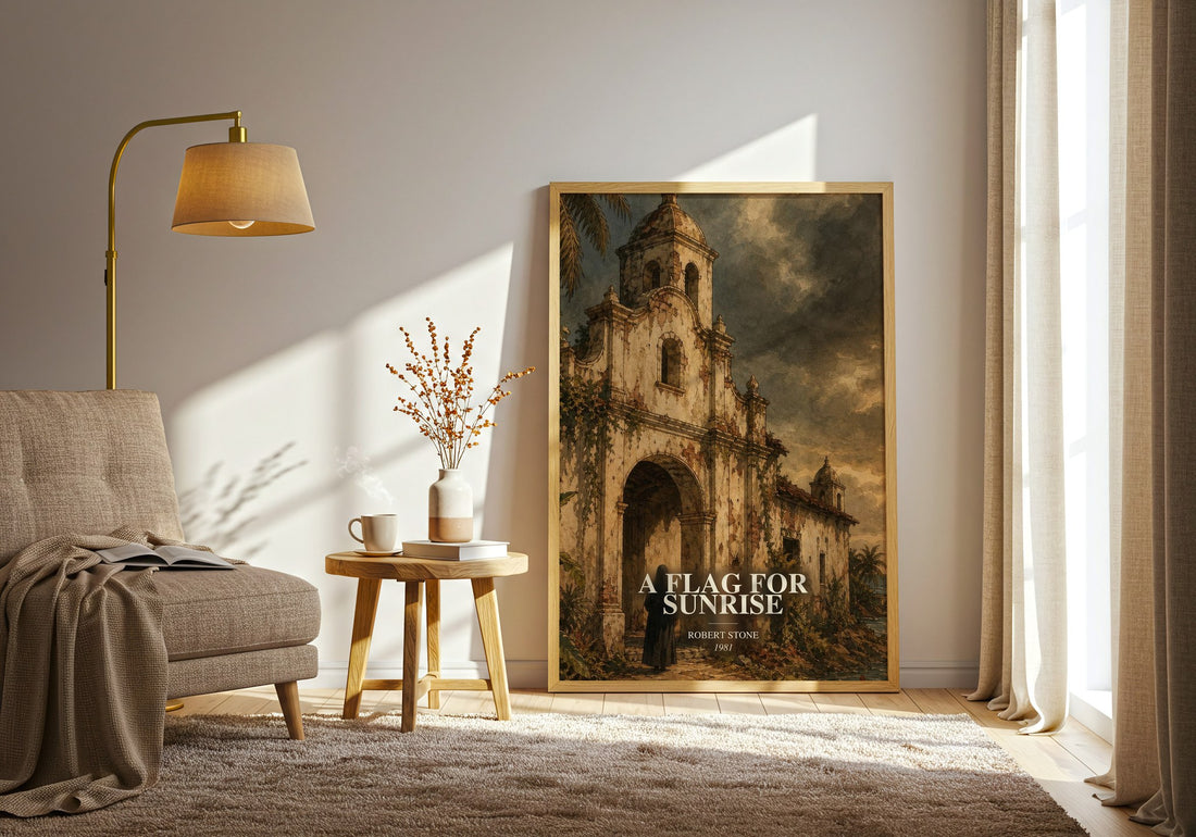 A Flag For Sunrise watercolour print in frame leaning in hallway – literary fiction wall art