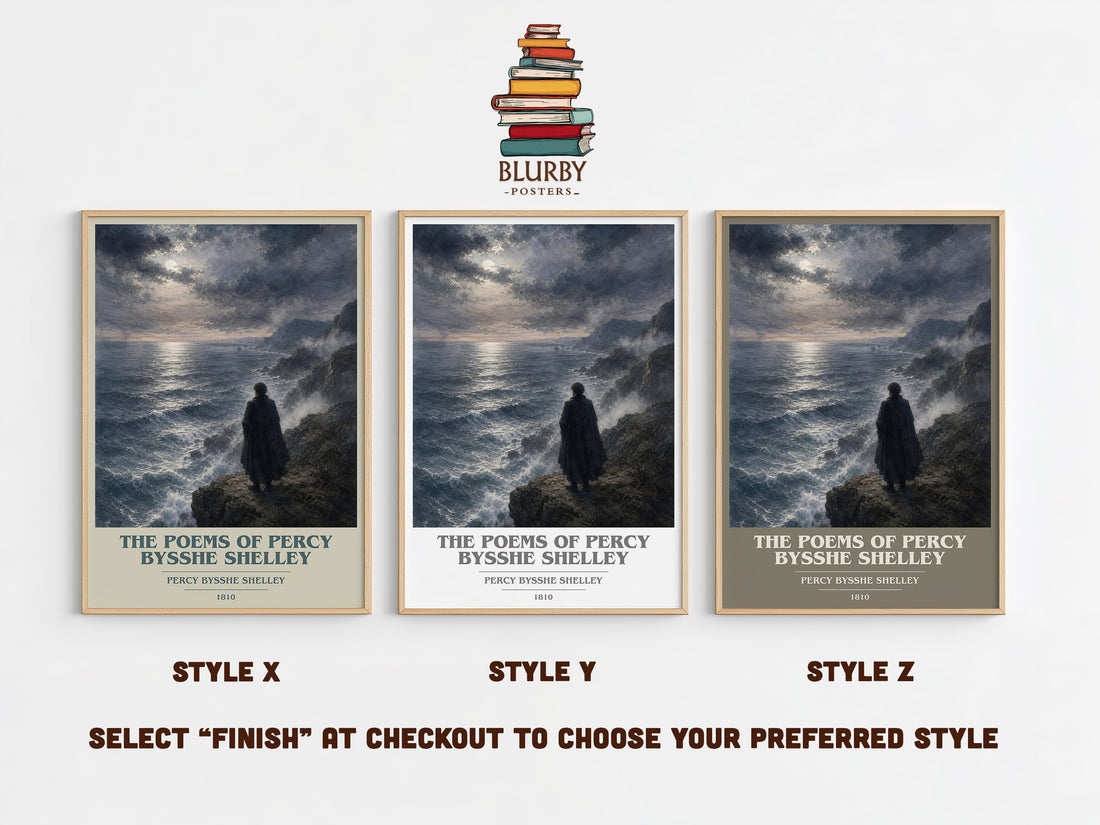The Poems of Percy Bysshe Shelley book cover print in frame leaning in hallway – poetry wall art (mockup)