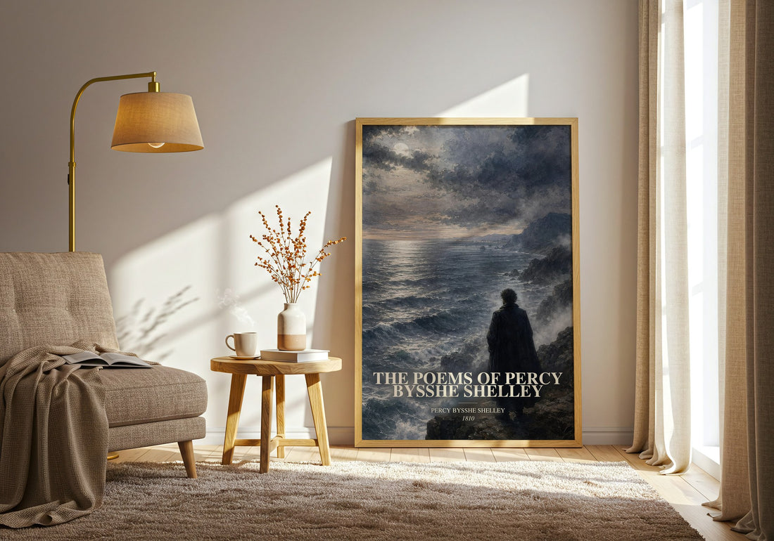 The Poems of Percy Bysshe Shelley watercolour print in frame leaning in hallway – poetry wall art