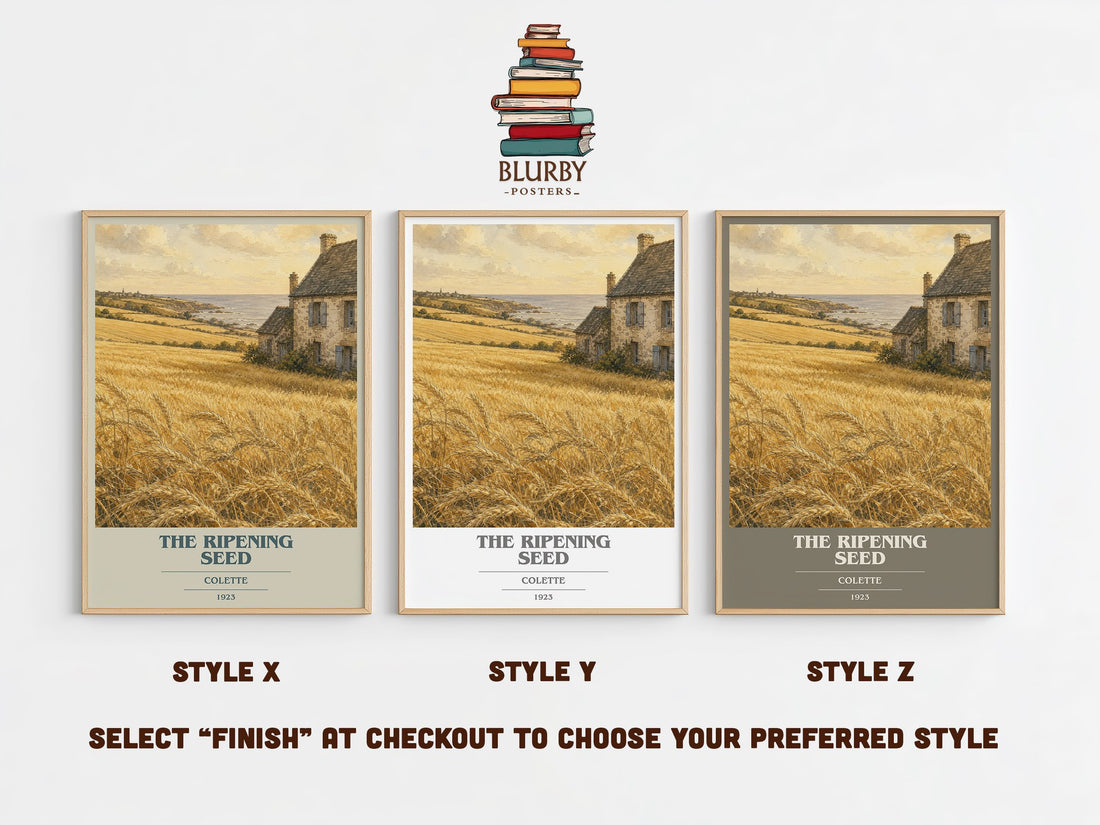 The Ripening Seed book cover print in frame leaning in hallway – coming of age wall art (mockup)