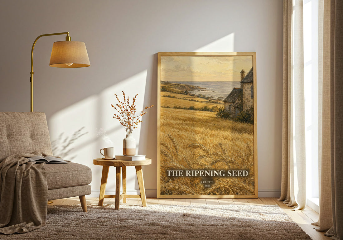 The Ripening Seed watercolour print in frame leaning in hallway – coming of age wall art