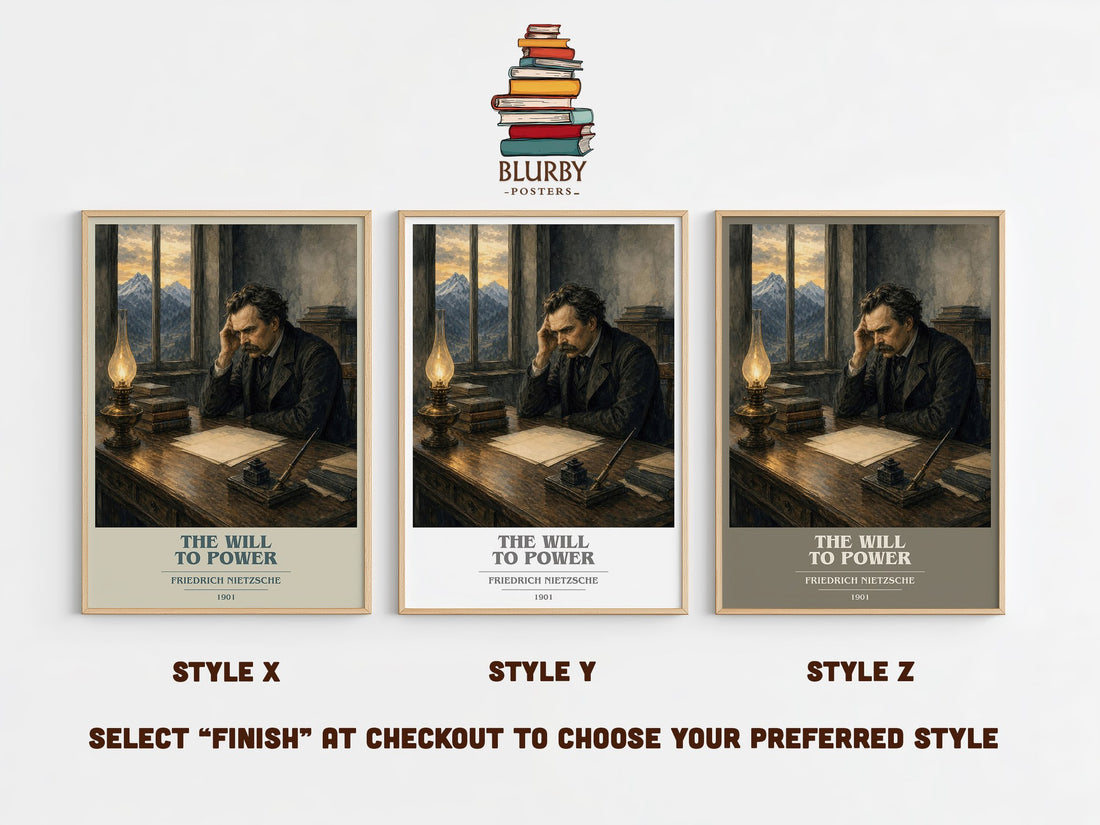 The Will To Power book cover print in frame leaning in hallway – philosophy wall art (mockup)