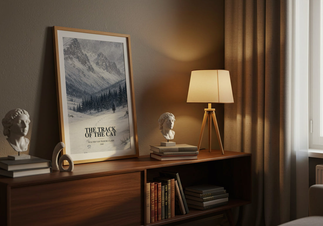 The Track Of The Cat watercolour print on bookshelf – Walter Van Tilburg Clark fan gift