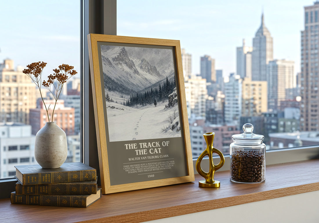 The Track Of The Cat Bookish Wall Art by Walter Van Tilburg Clark – framed print on a city-view windowsill