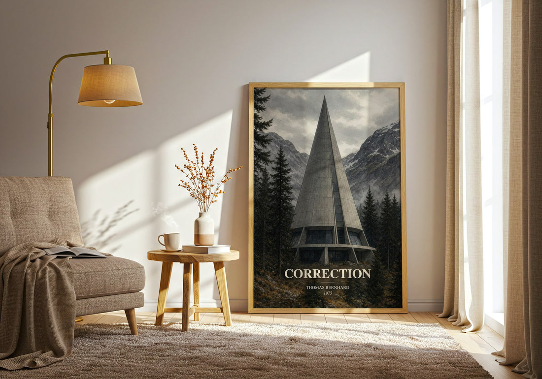 Correction watercolour print in frame leaning in hallway – literary fiction wall art