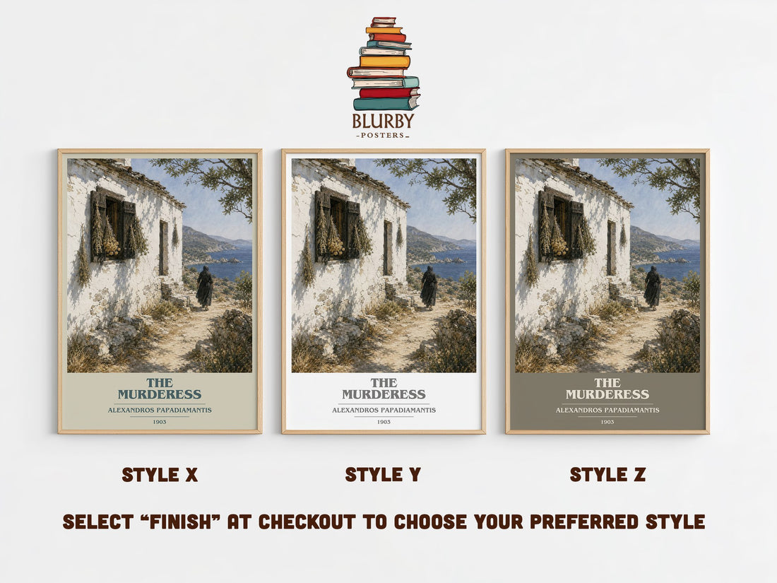 The Murderess book cover print in frame leaning in hallway – literary fiction wall art (mockup)