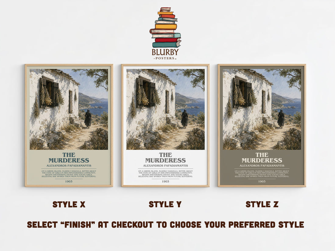 The Murderess Bookish Wall Art by Alexandros Papadiamantis – Style X, Y and Z side by side – choose your finish