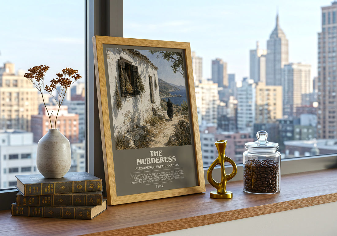 The Murderess Bookish Wall Art by Alexandros Papadiamantis – framed print on a city-view windowsill