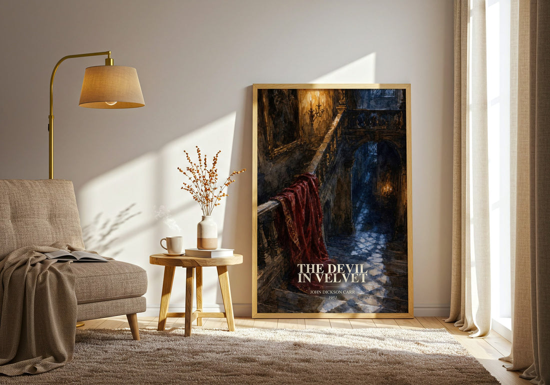 The Devil In Velvet watercolour print in frame leaning in hallway – mystery wall art