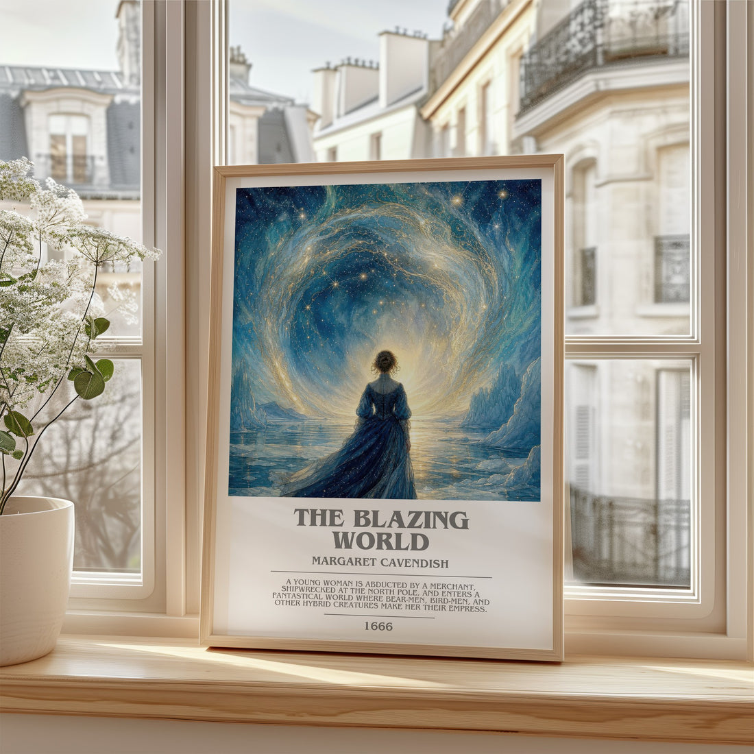 The Blazing World Bookish Wall Art by Margaret Cavendish – framed print by a bright window