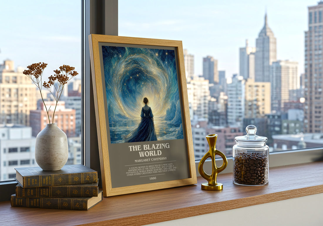 The Blazing World Bookish Wall Art by Margaret Cavendish – framed print on a city-view windowsill
