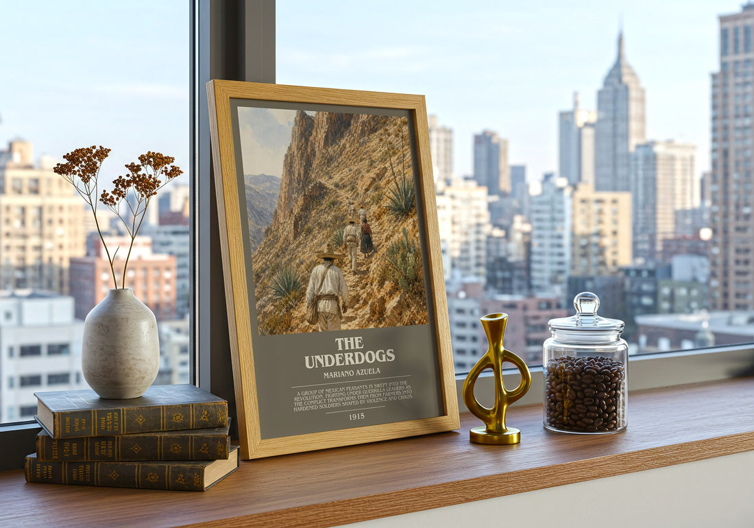 The Underdogs Bookish Wall Art by Mariano Azuela – framed print on a city-view windowsill