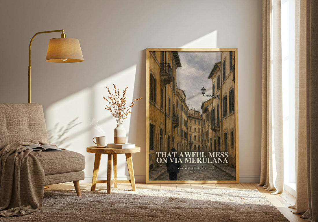 That Awful Mess On Via Merulana watercolour print in frame leaning in hallway – mystery wall art