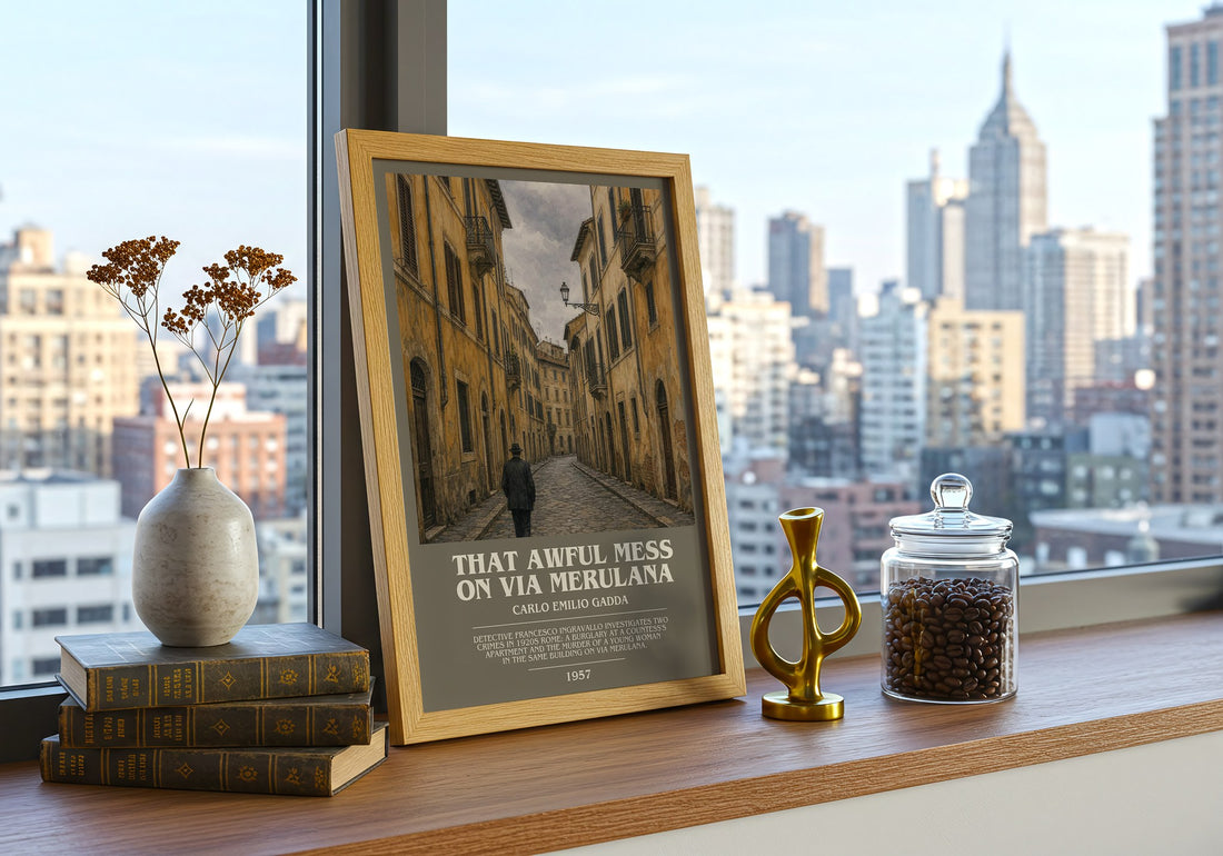 That Awful Mess On Via Merulana Bookish Wall Art by Carlo Emilio Gadda – framed print on a city-view windowsill