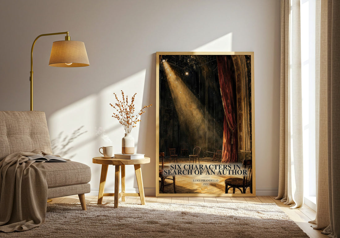 Six Characters in Search of an Author watercolour print in frame leaning in hallway – literary fiction wall art