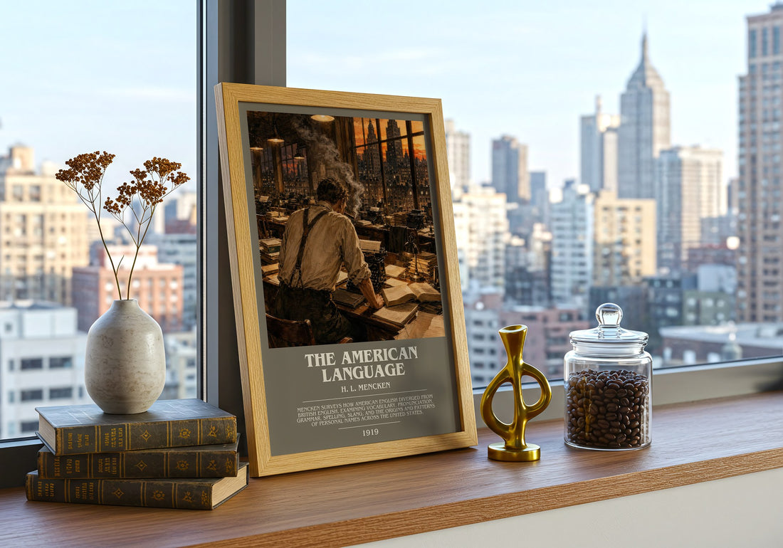 The American Language Bookish Wall Art by H. L. Mencken – framed print on a city-view windowsill