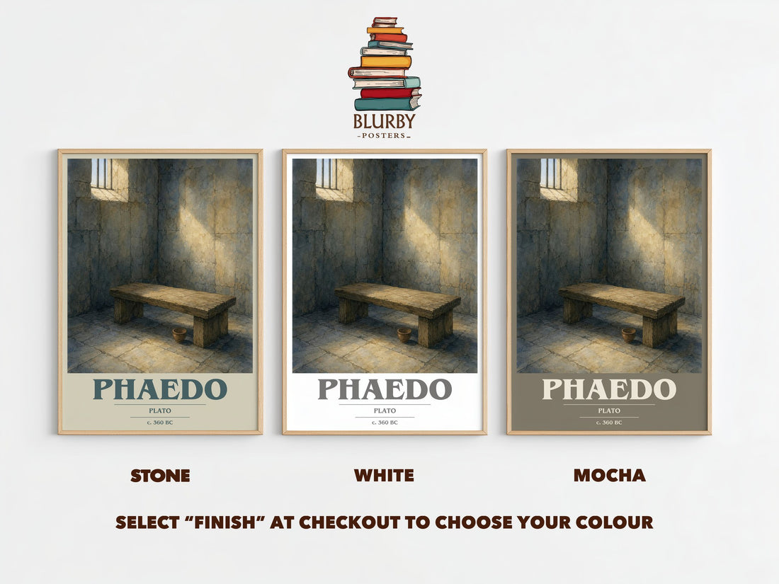 Phaedo book cover print framed by window – Stone, White and Mocha side by side – choose your colour