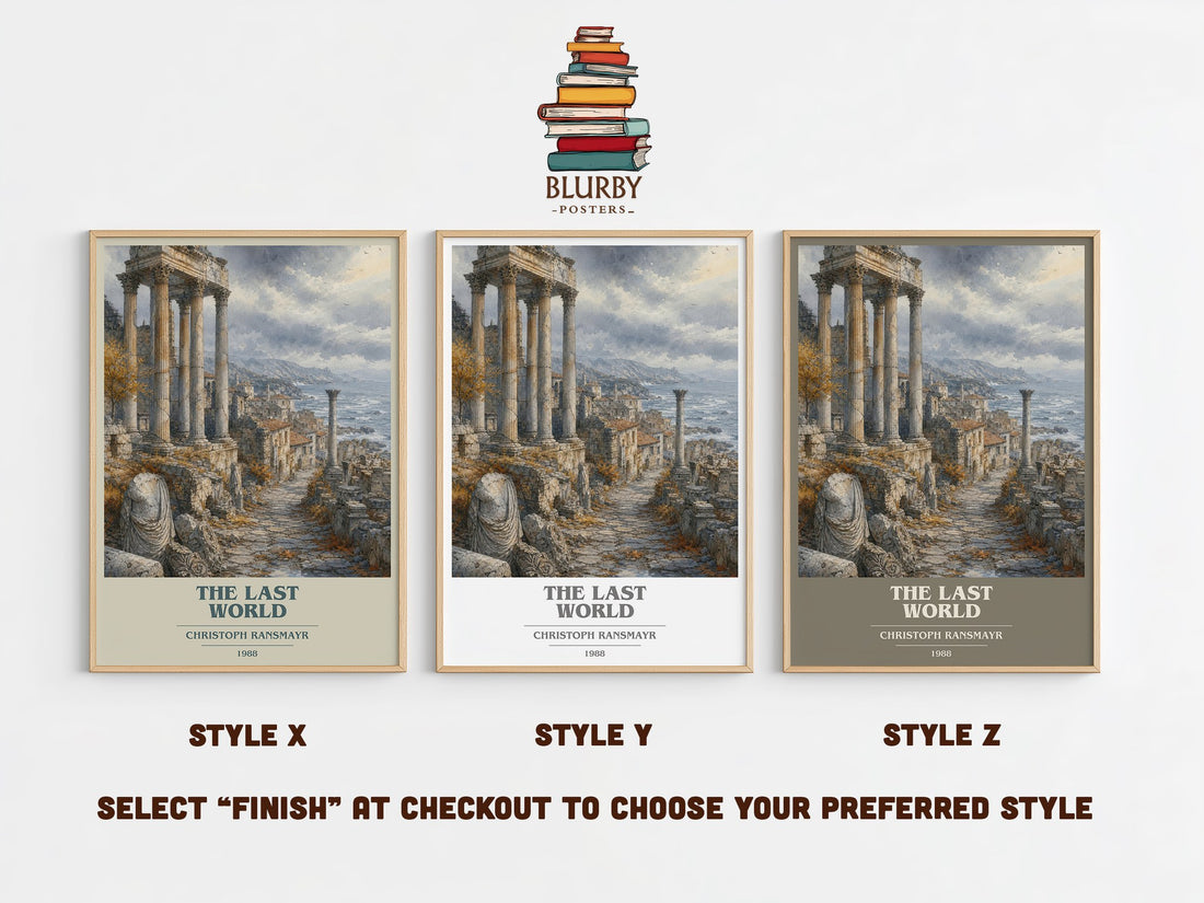 The Last World book cover print in frame leaning in hallway – literary fiction wall art (mockup)