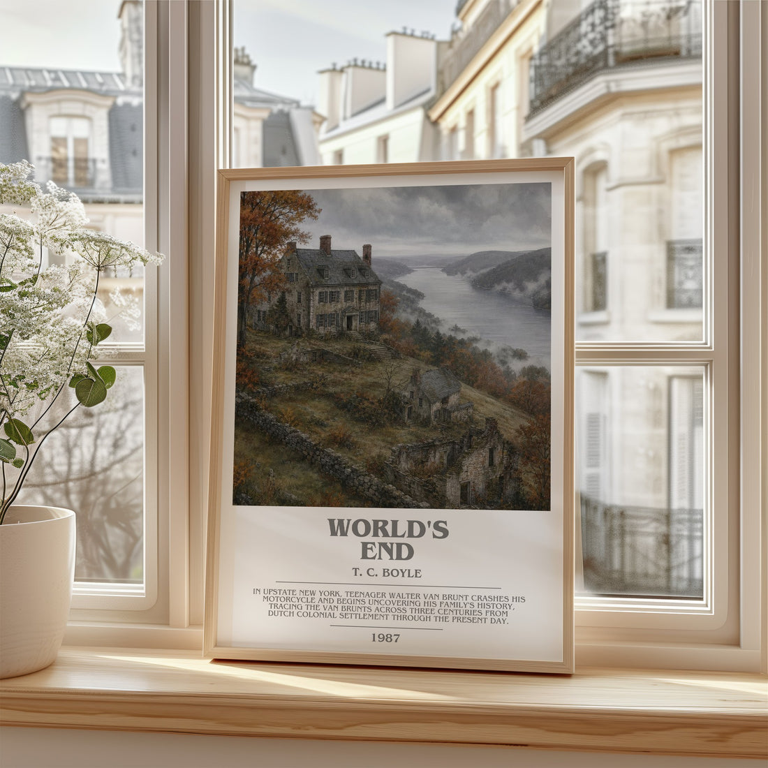 World's End Bookish Wall Art by T. C. Boyle – framed print by a bright window