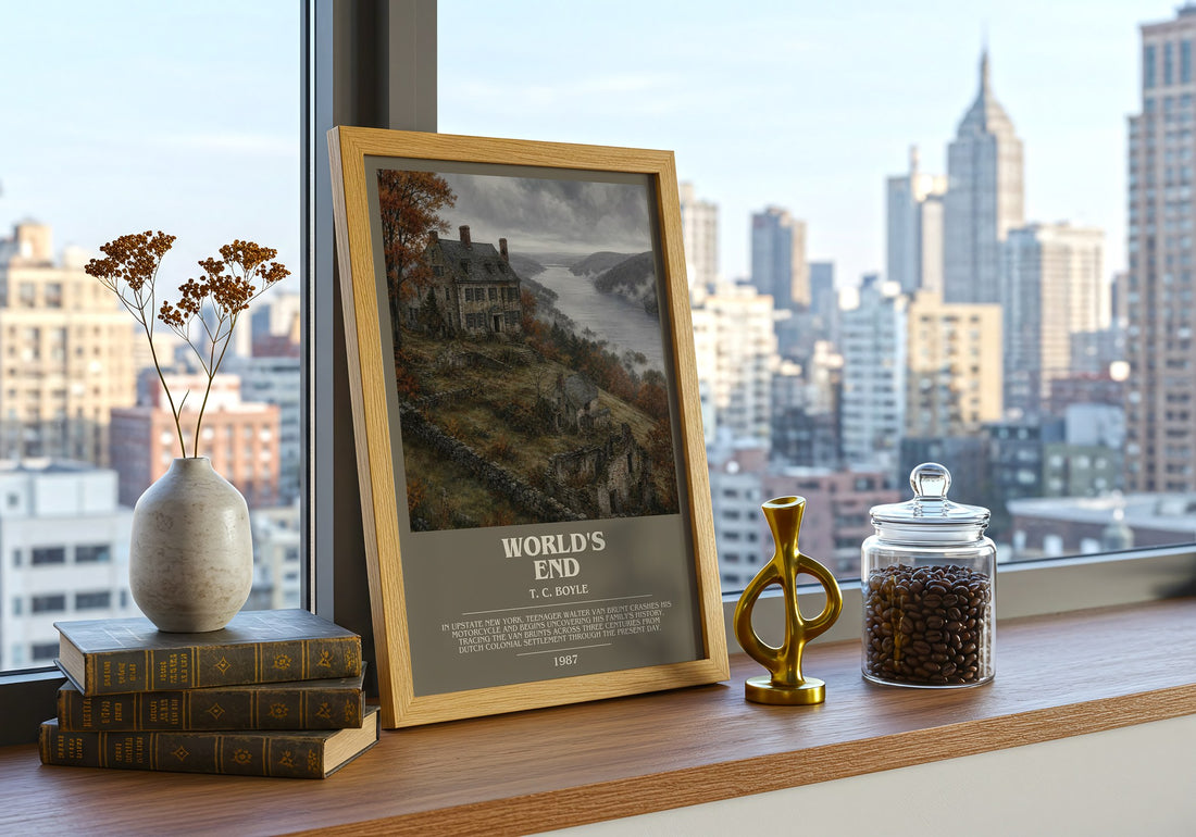World's End Bookish Wall Art by T. C. Boyle – framed print on a city-view windowsill