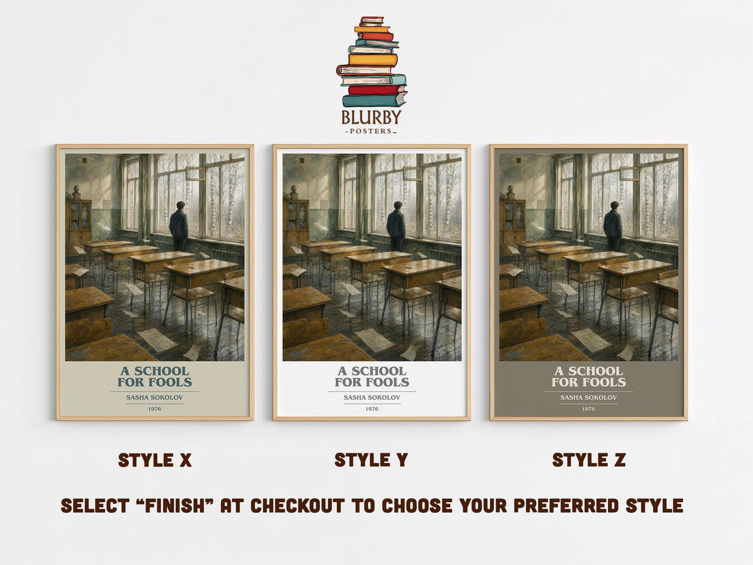A School For Fools book cover print in frame leaning in hallway – literary fiction wall art (mockup)