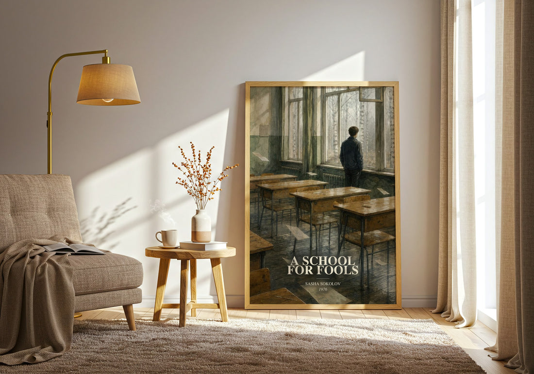 A School For Fools watercolour print in frame leaning in hallway – literary fiction wall art