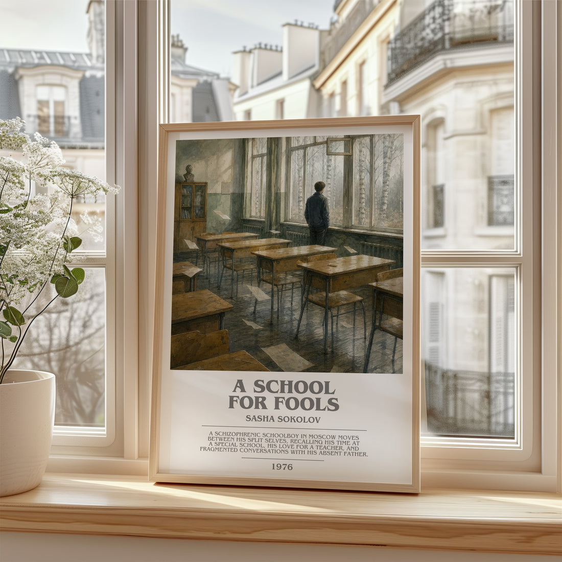 A School For Fools Bookish Wall Art by Sasha Sokolov – framed print by a bright window