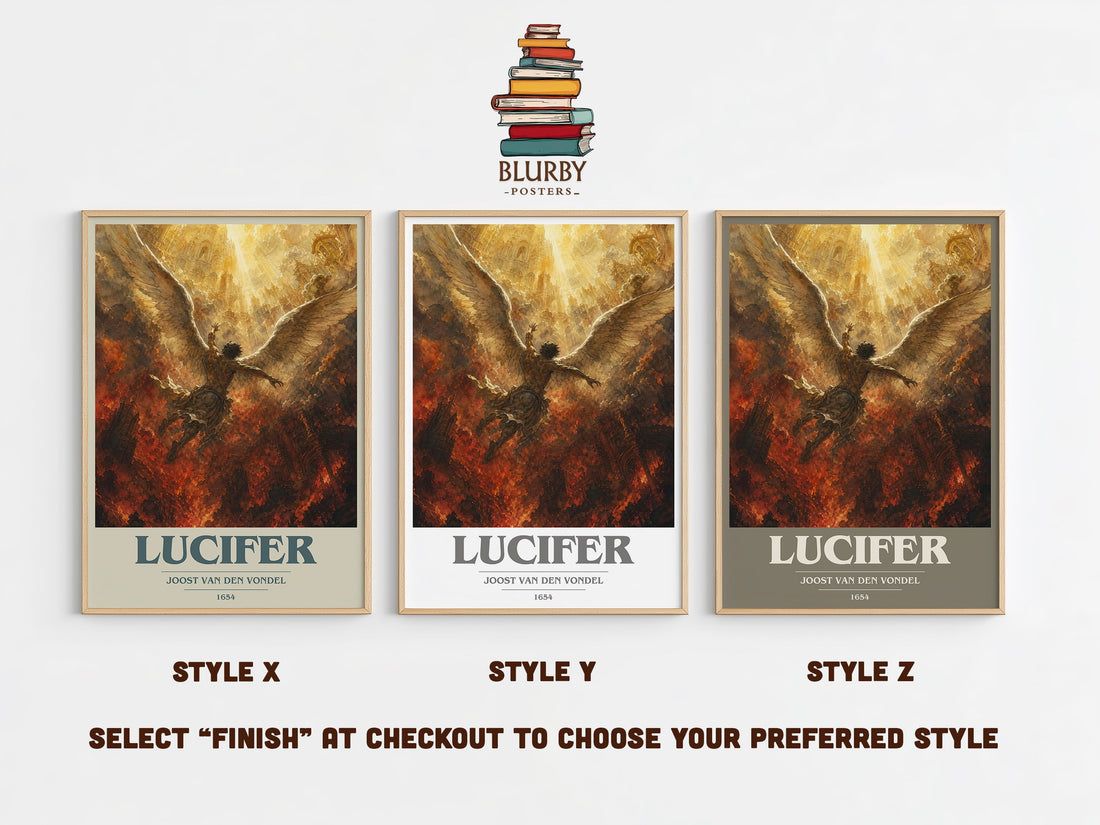 Lucifer book cover print in frame leaning in hallway – classic literature wall art (mockup)