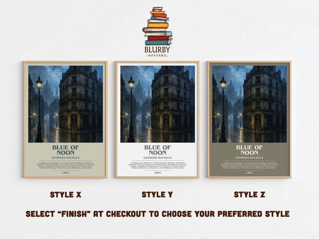 Blue of Noon Bookish Wall Art by Georges Bataille – Style X, Y and Z side by side – choose your finish