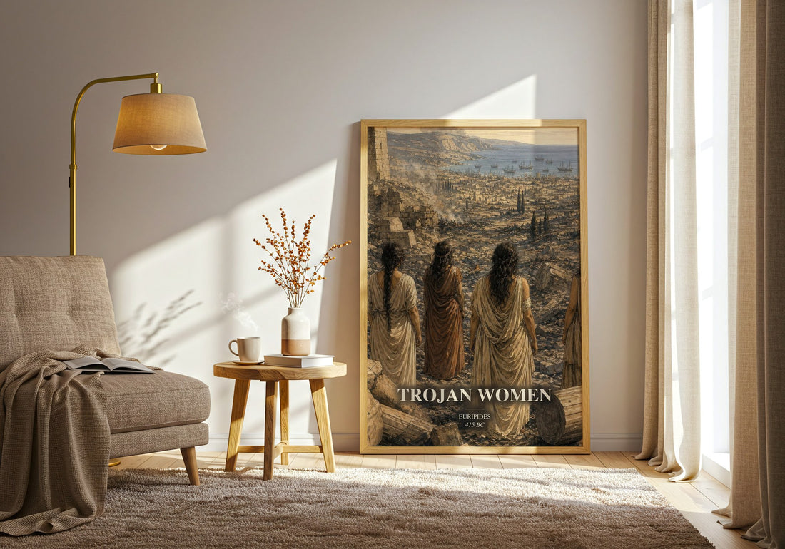 Trojan Women watercolour print in frame leaning in hallway – classic literature wall art