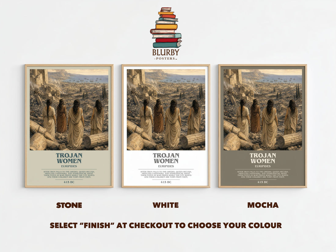 Trojan Women bookish print framed by window – Stone, White and Mocha side by side – choose your colour