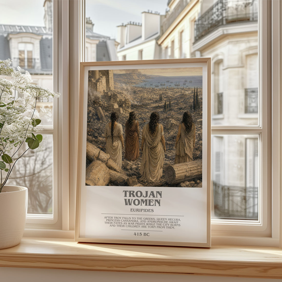 Trojan Women bookish print in frame leaning in hallway – classic literature wall art