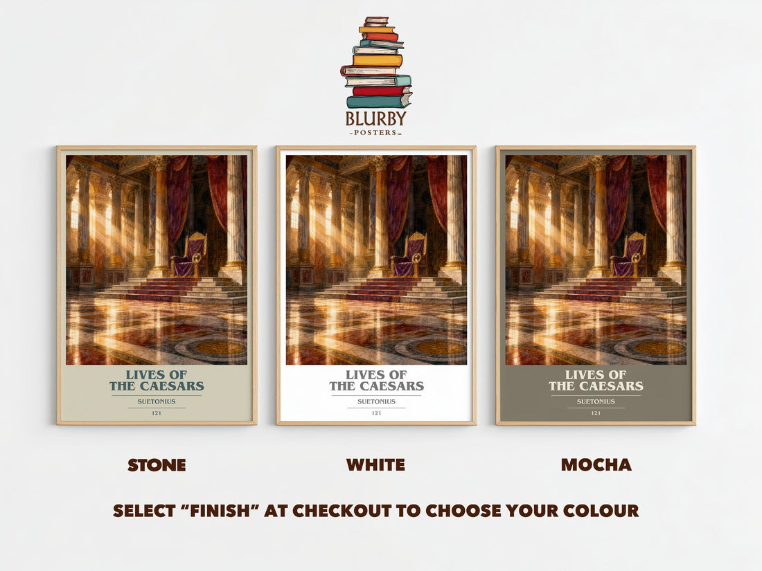 Lives of the Caesars book cover print framed by window – Stone, White and Mocha side by side – choose your colour