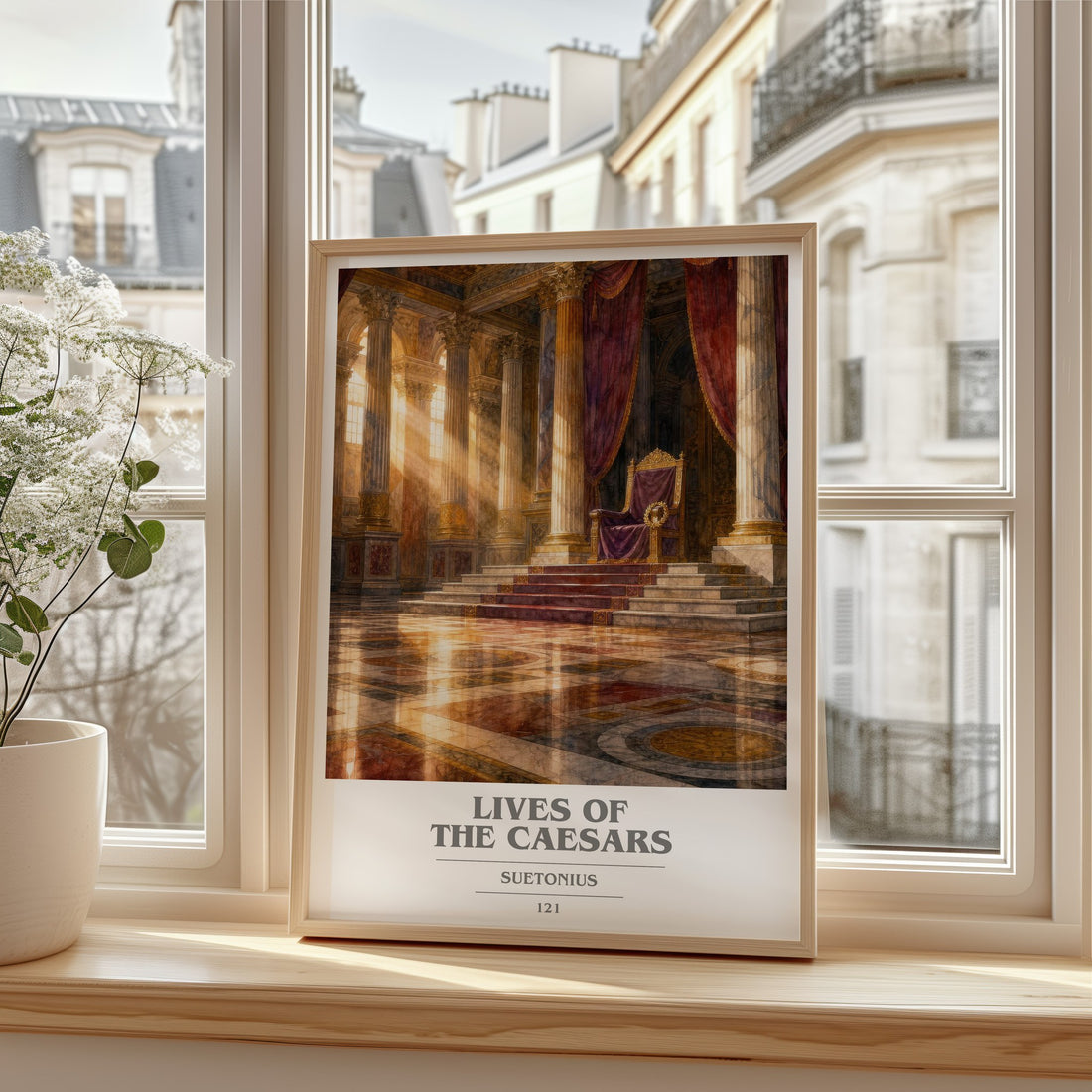 Lives of the Caesars book cover print in frame leaning in hallway – non fiction wall art