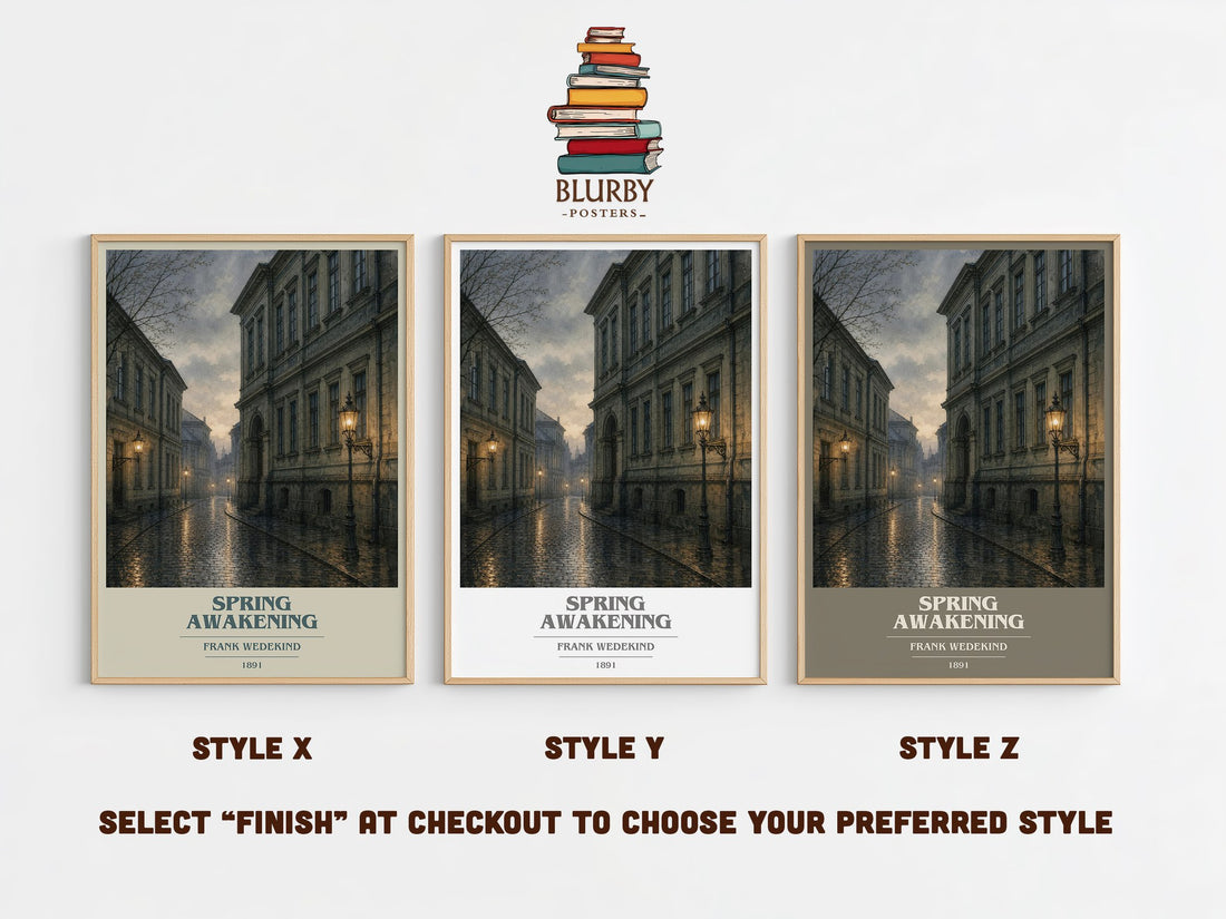 Spring Awakening book cover print in frame leaning in hallway – classic literature wall art (mockup)