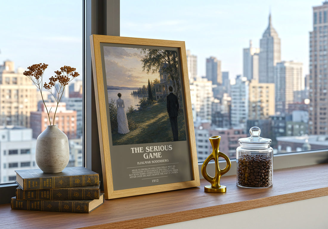 The Serious Game Bookish Wall Art by Hjalmar Soderberg – framed print on a city-view windowsill