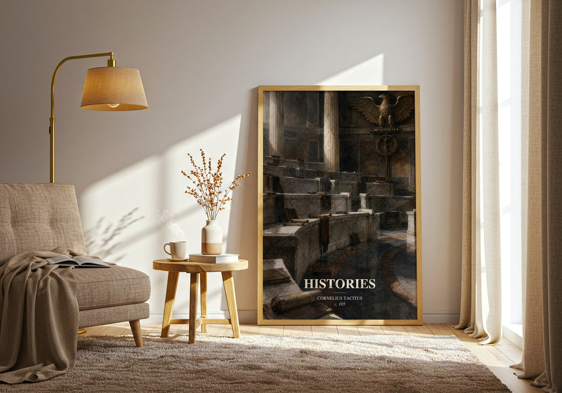 Histories watercolour print in frame leaning in hallway – non fiction wall art