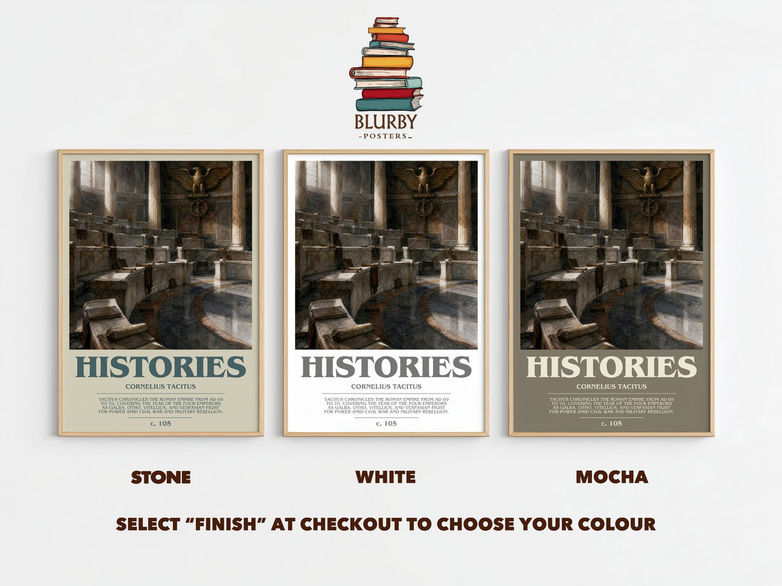 Histories bookish print framed by window – Stone, White and Mocha side by side – choose your colour
