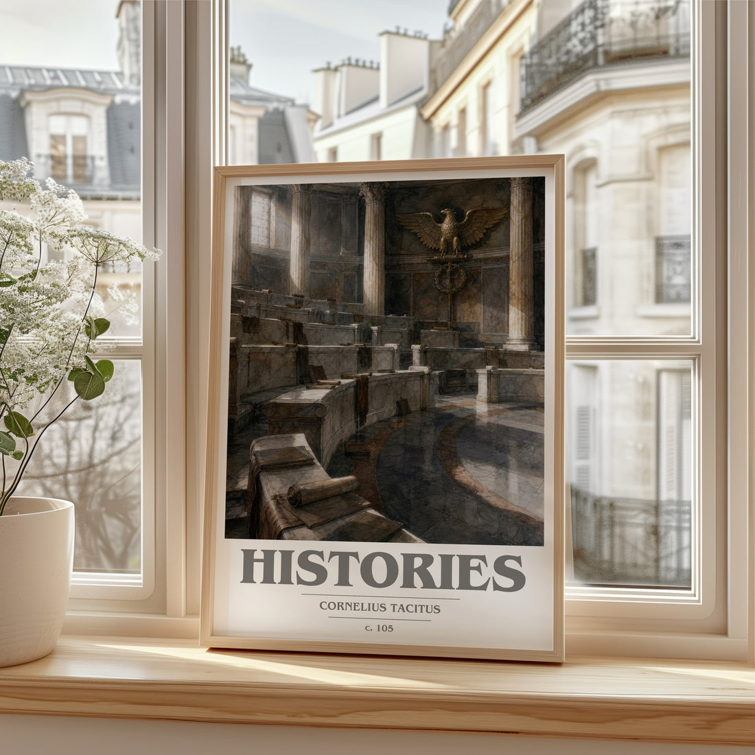 Histories book cover print in frame leaning in hallway – non fiction wall art