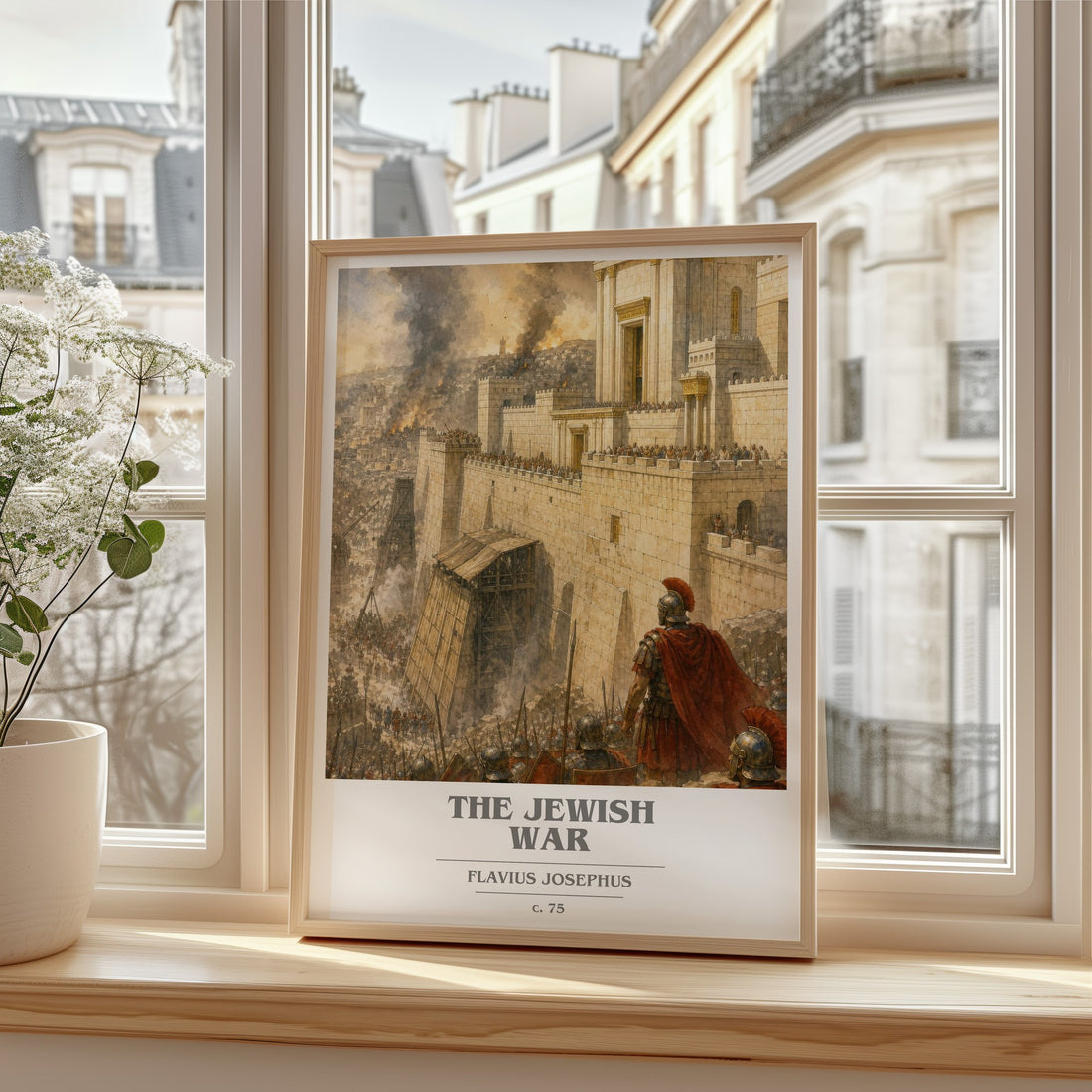 The Jewish War book cover print in frame leaning in hallway – non fiction wall art