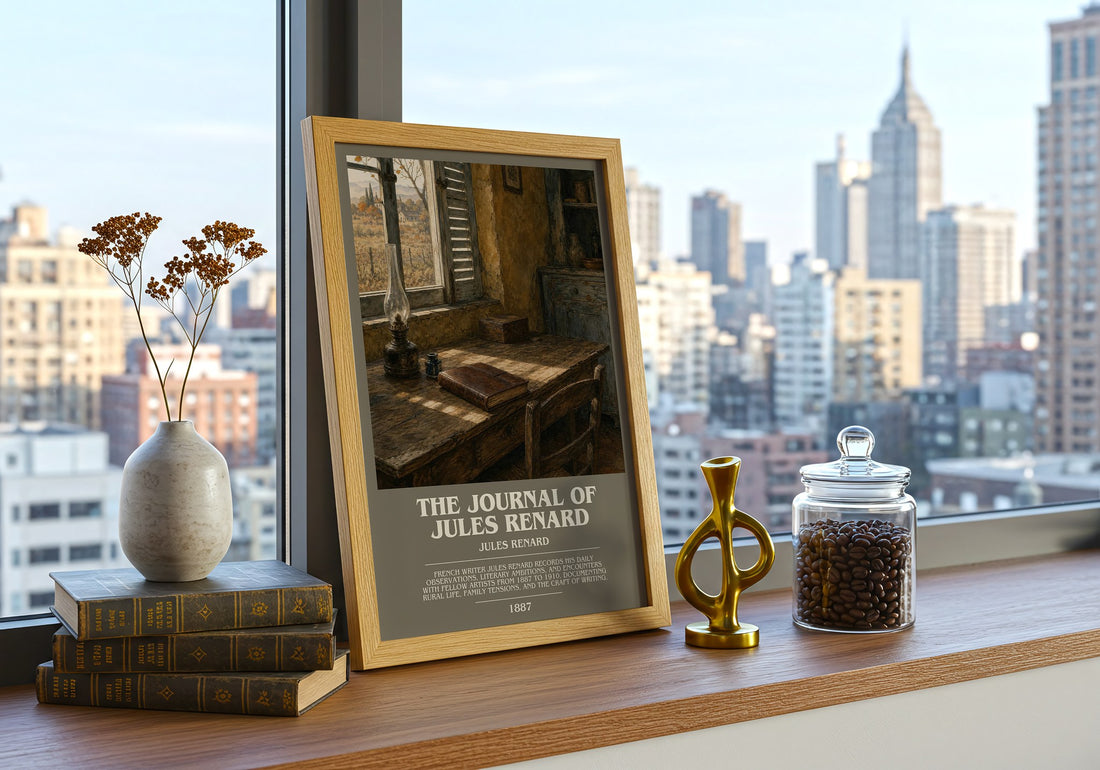 The Journal of Jules Renard Bookish Wall Art by Jules Renard – framed print on a city-view windowsill