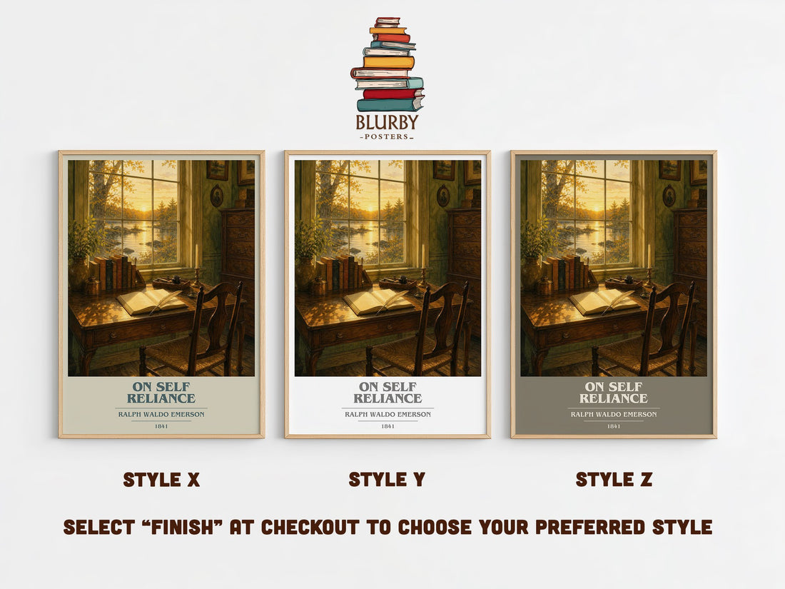 On Self Reliance book cover print in frame leaning in hallway – philosophy wall art (mockup)