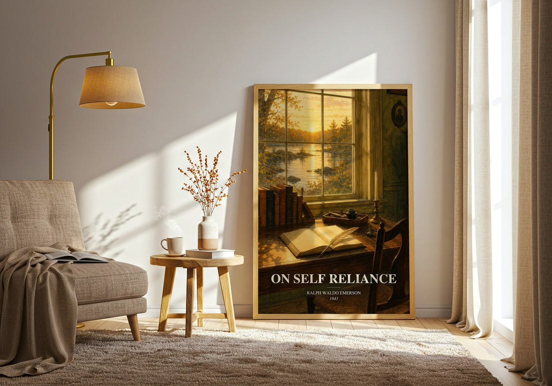 On Self Reliance watercolour print in frame leaning in hallway – philosophy wall art