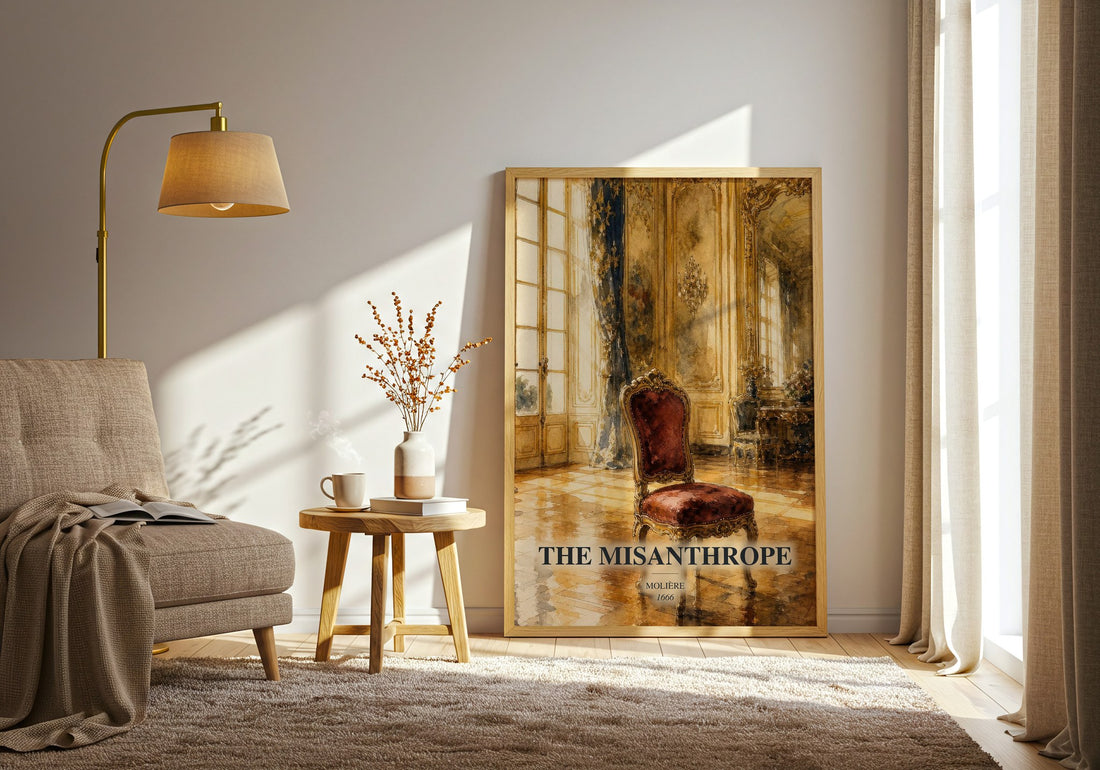 The Misanthrope watercolour print in frame leaning in hallway – classic literature wall art