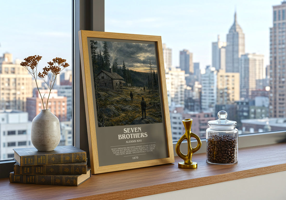Seven Brothers Bookish Wall Art by Aleksis Kivi – framed print on a city-view windowsill