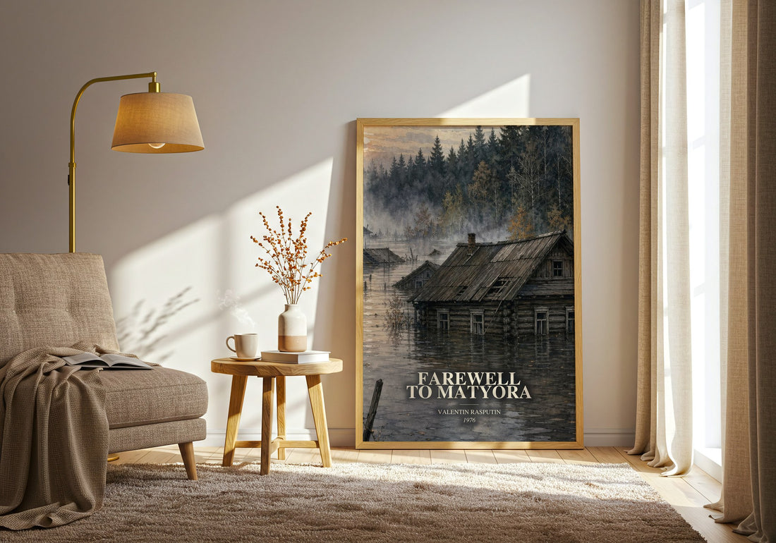 Farewell To Matyora watercolour print in frame leaning in hallway – literary fiction wall art